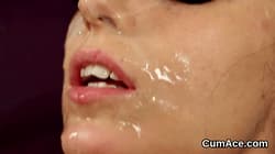 Sexy beauty gets sperm shot on her face eating all the sperm'